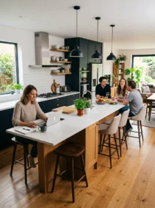 Multi functional kitchen space with seating and workspace