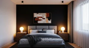 Black accent wall adding depth and drama to a cozy bedroom
