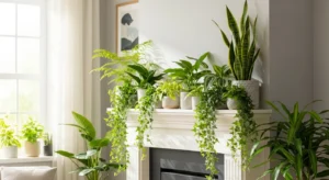 Fireplace mantle with greenery and plants
