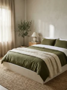 olive green bedding bedroom with soft textures and neutral decor