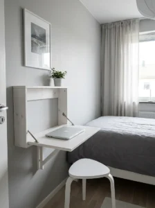 Wall-mounted desk saving space in a small bedroom setup