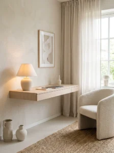 neutral color small home office calming productivity workspace