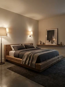 Men’s bedroom with statement wooden bed frame and modern minimalist design
