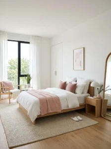 Minimalist pink and white bedroom with clean and airy design