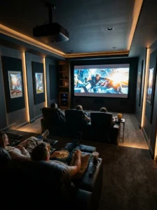 “Basement home theater with projector screen and cozy seating