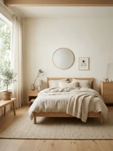Japandi bedroom with minimal wooden furniture and clean design