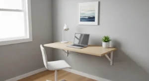 Wall-mounted desk saving space in a guest room office combo