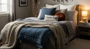 Layered bedding creating a cozy and stylish teen bedroom