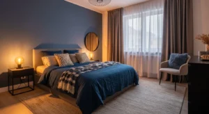 Blue and beige bedroom creating a warm and relaxing space