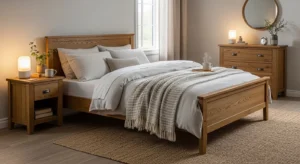 Wooden furniture adding natural warmth to a brown bedroom