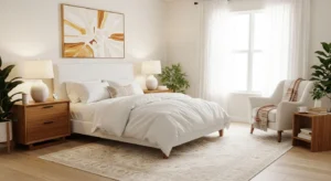 White bedroom with wooden accents creating warmth