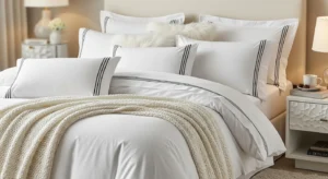 White bedding with black details creating a stylish contrast