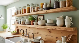 Open shelving displaying rustic decor in a farmhouse kitchen