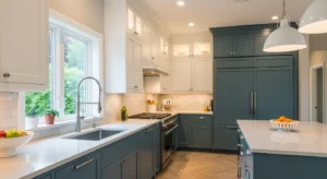 Two-tone cabinets creating contrast in a colorful kitchen
