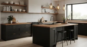 Black kitchen with wood accents adding warmth