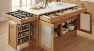 Kitchen island with built-in storage for functionality