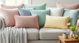 Pastel throw pillows on sofa for spring decor