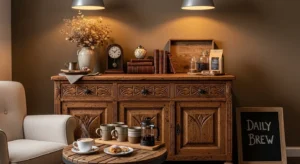 Rustic wooden coffee bar adding warmth to a home