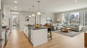 Matching flooring creating seamless connection between spaces