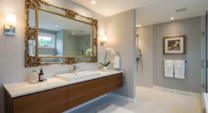 Stylish mirror acting as a focal point in bathroom