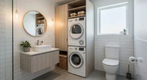 Stacked washer and dryer saving space in bathroom