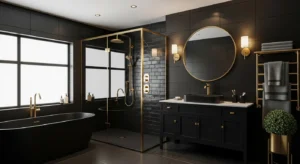 Black and gold combination creating an elegant bathroom