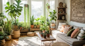 Boho living room with many indoor plants