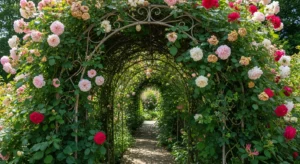 Climbing roses on arch creating a romantic garden