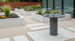 Minimal bird bath in modern garden