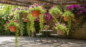 Hanging pots saving space in garden