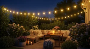 String lights creating warm backyard ambiance