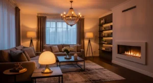 Layered lighting creating depth in living room