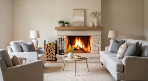 Neutral tones creating calm fireplace space