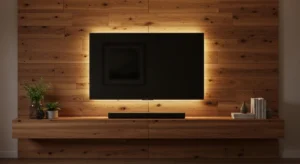 Wood panel adding warmth to TV wall