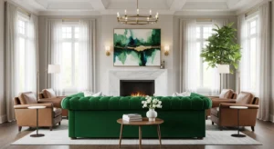 Green sofa adding bold focal point