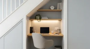 Under stairs home office setup with compact desk and shelving