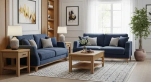 Navy blue sofa in living room