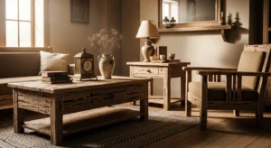 Vintage distressed wood furniture creating a lived-in cozy feel