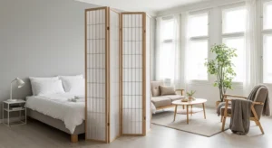 Room divider creating separation in living room bedroom combo