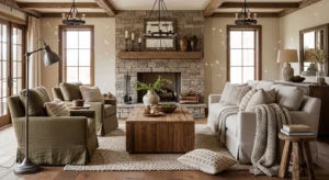 Reclaimed wood elements adding rustic charm to farmhouse living room