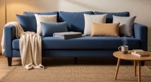 Blue sofa with layered textures creating a cozy living room