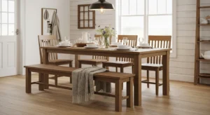 Farmhouse bench seating adding rustic charm to dining room