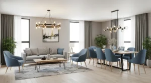 Matching furniture styles creating unified living dining space