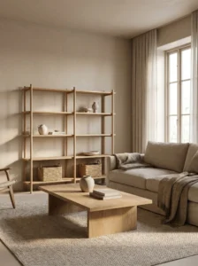 Japandi living room with natural wood furniture and warm neutral tones