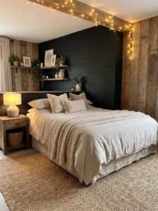 Black shiplap accent wall bedroom with rustic farmhouse decor