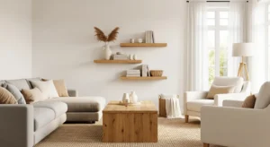 White walls with natural wood accents in a modern living room.