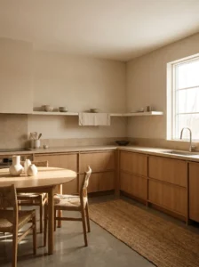 Warm wood kitchen cabinets in a minimalist modern kitchen design