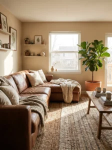 Brown leather sofa living room with cozy textures and natural light for a relaxed stylish space