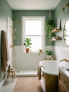 Sage green bathroom with plants and brass accents for a calming spa look