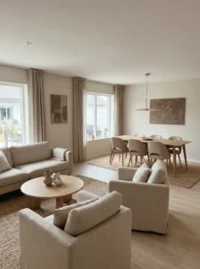 Consistent neutral color palette in living room dining room combo design
